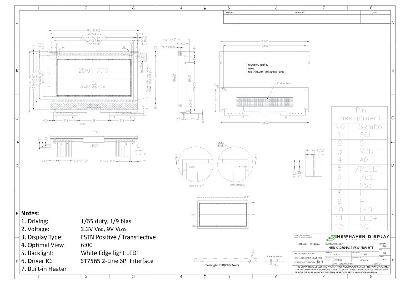 NHD-C12864A1Z-FSW-FBW-HTT, NEWHAVEN DISPLAY INTERNATIONAL